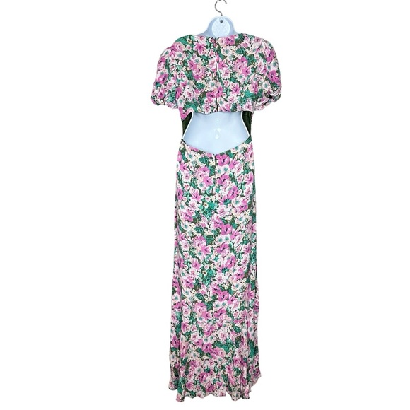 ASTR The Label Dayanara Dress Green Pink Floral Puff Sleeve Slit Maxi size Large - Picture 5 of 11